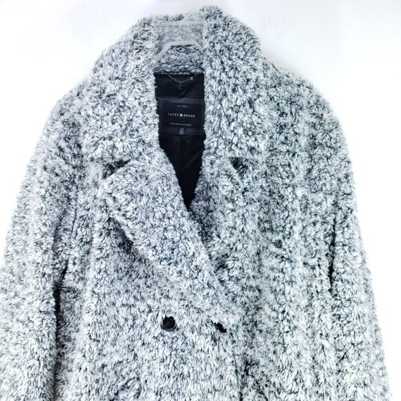 Lucky Brand Shearling Snap Button Coat Women's Size Large Black White - Picture 2 of 7